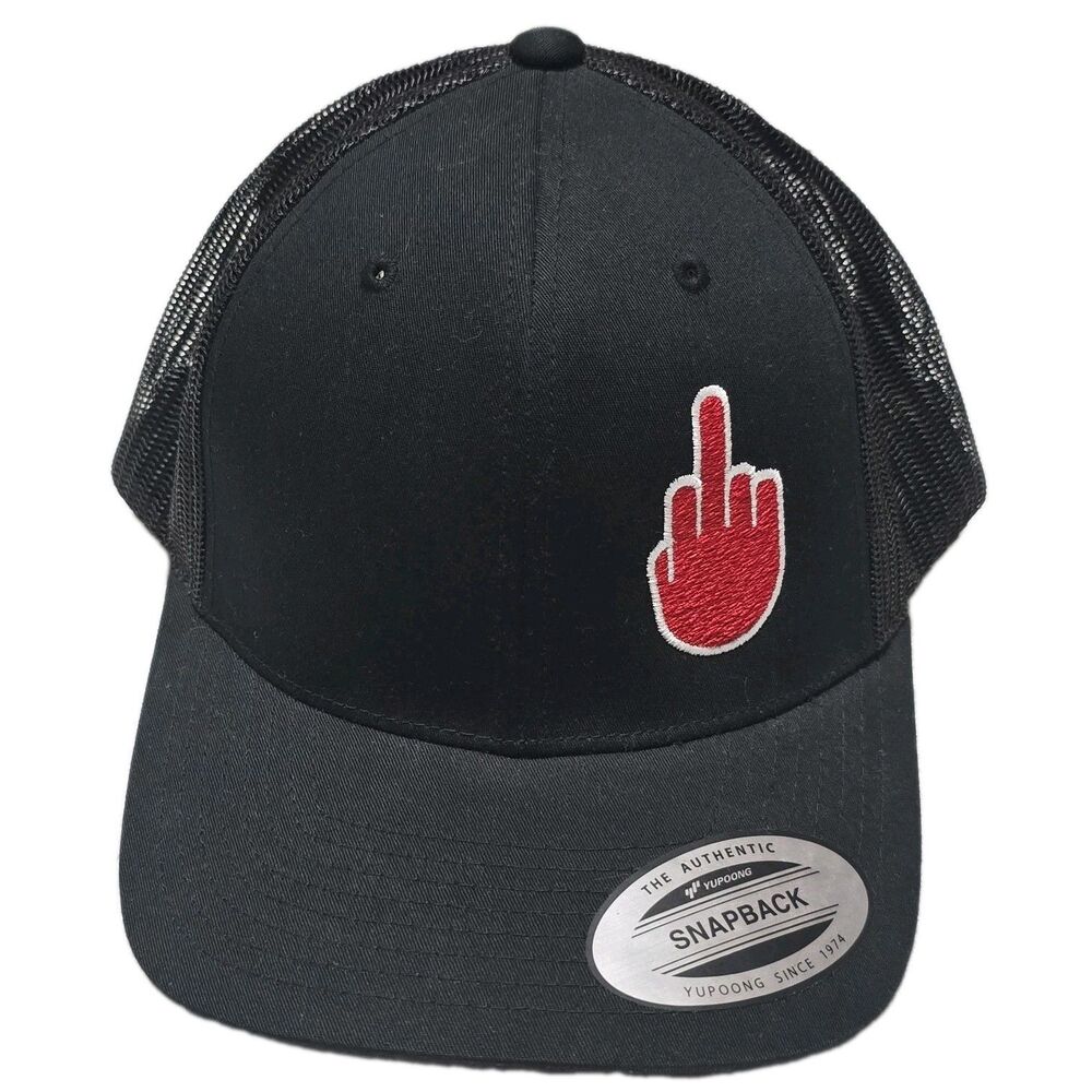 The Classics Yupoong Snapback Trucker Hat Embroidered Middle Finger Black Mesh